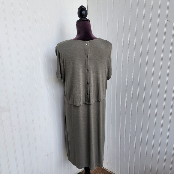 J. JILL Women Tiered Dress Back Buttons Side Pocketed Stretch Midi Olive Green L - Picture 3 of 12
